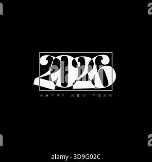 Eine elegante Schwarzweiß-Grußkartenschablone „Happy New Year 2026“. Die stilvolle Typografie von 2026 ist ein tolles Design für ein frohes neues Jahr Stock Vektor
