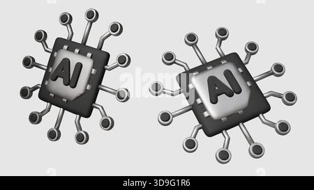 3D-KI-Symbolsatz: Wichtige Sammlung hochwertiger Mikrochip-Illustrationen für Technologie, Softwareentwicklung und zukünftige Innovationsprojekte Stock Vektor
