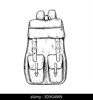 Rucksack mit Taschen Vektor isolierte Linie Tinte Illustration. Praktischer moderner Rucksack für das Studentenleben, den täglichen Pendelverkehr und städtische Reisekonzepte. Stock Vektor
