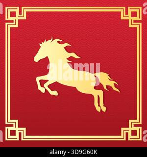 Festliches chinesisches Neujahrsfest mit goldener Pferdesilhouette und asiatischem Wellenmuster. 2026 ist das Jahr des Pferdes. Vektorabbildung Stock Vektor