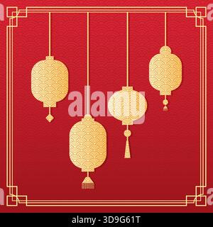 Chinesischer Neujahrshintergrund mit goldenen Laternen und asiatischem Wellenmuster. Vektorabbildung Stock Vektor