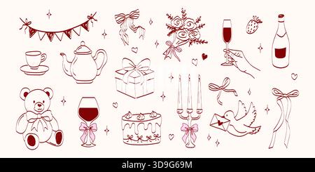 Handgezeichnete Coquette-Hochzeitselemente. Niedliche Vintage-Symbole mit Band und Schleife im schlichten Zeichenstift-Stil. Trendige Kunst für Valentinstag und Bachelor Stock Vektor