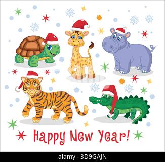 Weihnachten afrikanische Dschungeltiere in Weihnachtsmütze, Schildkröte, Giraffe, Nilpferde, Tiger, Krokodil. Stock Vektor