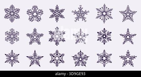 Winter Snowflake Icon Kollektion. Dekorative Schneeflocken mit eleganten Details in schwarzer Farbe, perfekt für Weihnachtssymbole, Weihnachtskarten, Poster Stock Vektor