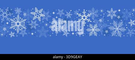 Blaues Winter-Schneeflocken-Banner. Weiße dekorative Schneeflocken und funkelnde Sterne auf blauem Hintergrund, perfekt für Weihnachtskarten und Weihnachtsmotive Stock Vektor
