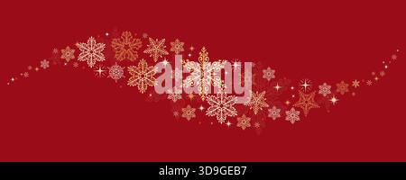 Eleganter goldener Schneeflockenwirbel auf rotem Hintergrund. Abstrakte, schneebedeckte Wellenform. Funkelndes Weihnachtsschmuck mit funkelnden Sternen. Weihnachtsfeiertage Stock Vektor