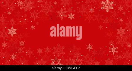 Roter Weihnachtshintergrund mit filigranen Eisschneeflocken. Elegante, dekorative Schneesymbole im Winter mit ornamentalen symmetrischen Silhouetten in Form von Stock Vektor