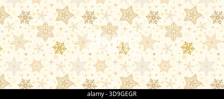 Goldenes Winter-Schneeflocken-Muster. Elegante dekorative Schneeflocken in warmen Goldtönen auf beigefarbenem Hintergrund, perfekt für Weihnachtsverpackungen, Weihnachtskarten Stock Vektor