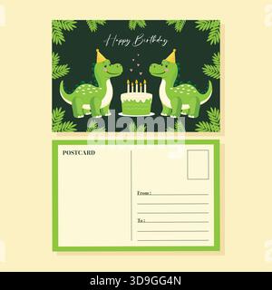 Happy Birthday Postkarte Zwei Süße Dinosaurier Charaktere Feier. Stock Vektor