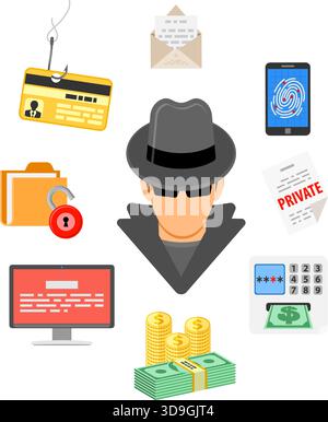 Cyber Crime Banner für Flyer, Poster, Website, Druckwerbung wie Hacker und Social Engineering. Isolierte Vektordarstellung Stock Vektor