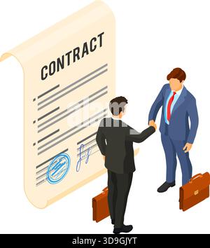 Die Geschäftsleute nach der Verhandlung eines erfolgreichen Deals handhaben. Partnerschaft Zusammenarbeit Unternehmen. Unterzeichneter Vertrag. B2B-Hauptbilder. Isometrisch i Stock Vektor