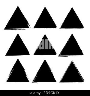 Schwarzes Dreiecksymbol. Geometrische Lackform. Form der Vektortinte. Verschmutzte Bürstenstruktur. Stock Vektor