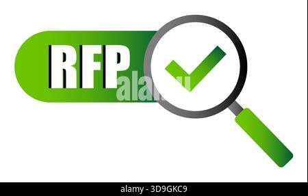 Schaltfläche "RFP-Suche". Vorschlag anfordern. Vergrößerungsglas Vektor. Genehmigte Dokumentgrafik. Stock Vektor