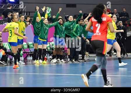 Dortmund, Deutschland. Dezember 2025. DORTMUND, DEUTSCHLAND 20251205Brasiliens Spieler auf der Bank feiern in der Hauptrunde der Handball-Weltmeisterschaft der Frauen zwischen Angola und Brasilien in der Westfalenhalle in Dortmund. *** Das Bild ist Teil des SPORTPAKETS. Für andere ZAHLUNGSBILD *** Foto: Jessica Gow/TT/Code 10070 dieser Text ist automatisch übersetzt Credit: TT News Agency/Alamy Live News Stockfoto