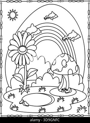 Rainbow Garden Malseite Für Kinder Und Erwachsene. Niedliche Blumen- und Pilzszene für Kinder. Stock Vektor
