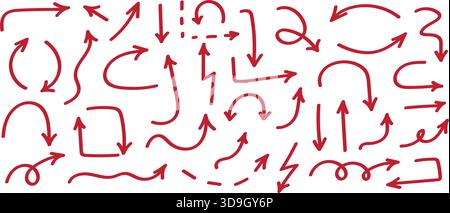 Pfeilsatz mit roten Symbolen. Pfeilsymbol. Pfeilvektorsammlung. Pfeil. Cursor. Moderne einfache Pfeile. Vektorabbildung. Stock Vektor