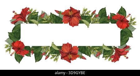 Rote Hibiskusblüten. Aquarellabbildung. Geeignet für Poster, Karten und Einladungen. Ein Hibiskus-Arrangement mit Blumen, Knospen und Blättern. Stockfoto