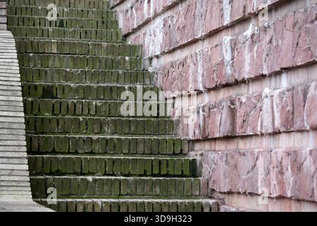 Abgenutzte Stufen führen entlang einer zerklüfteten Steinmauer, die mit Moos bedeckt ist. Stockfoto