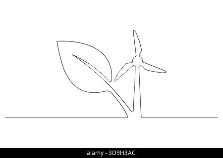 Durchgehende, einzeilige Zeichnung der Windkraftanlage in minimalistischem Umrissstil Stock Vektor