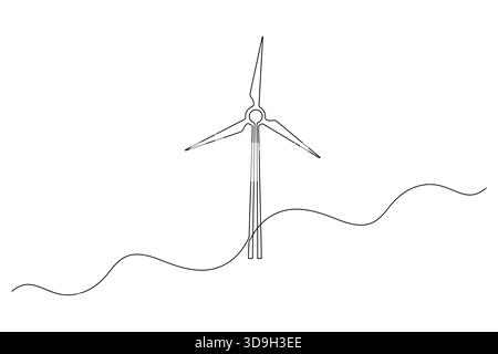 Durchgehende, einzeilige Zeichnung der Windkraftanlage in minimalistischem Umrissstil Stock Vektor