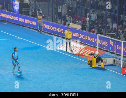 Chennai, Indien. Dezember 2025. FIH Hockey Männer Junioren-Weltmeisterschaft Tamil Nadu 5. Dezember 2025 INDIEN gegen BELGIEN Indien besiegte Belgien 4-3 im Schießstand nach einem Unentschieden in der Reglementierungszeit 2-2 im Spiel der FIH Junioren-Weltmeisterschaft im Radhakrishnan-Stadion in Chennai. Quelle: Seshadri SUKUMAR/Alamy Live News Stockfoto