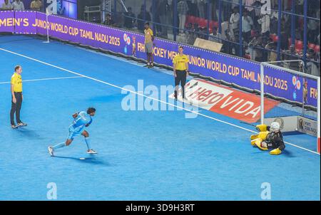 Chennai, Indien. Dezember 2025. FIH Hockey Männer Junioren-Weltmeisterschaft Tamil Nadu 5. Dezember 2025 INDIEN gegen BELGIEN Indien besiegte Belgien 4-3 im Schießstand nach einem Unentschieden in der Reglementierungszeit 2-2 im Spiel der FIH Junioren-Weltmeisterschaft im Radhakrishnan-Stadion in Chennai. Quelle: Seshadri SUKUMAR/Alamy Live News Stockfoto