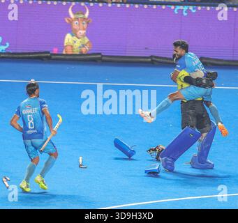 Chennai, Indien. Dezember 2025. FIH Hockey Männer Junioren-Weltmeisterschaft Tamil Nadu 5. Dezember 2025 INDIEN gegen BELGIEN Indien besiegte Belgien 4-3 im Schießstand nach einem Unentschieden in der Reglementierungszeit 2-2 im Spiel der FIH Junioren-Weltmeisterschaft im Radhakrishnan-Stadion in Chennai. Quelle: Seshadri SUKUMAR/Alamy Live News Stockfoto