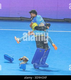 Chennai, Indien. Dezember 2025. FIH Hockey Männer Junioren-Weltmeisterschaft Tamil Nadu 5. Dezember 2025 INDIEN gegen BELGIEN Indien besiegte Belgien 4-3 im Schießstand nach einem Unentschieden in der Reglementierungszeit 2-2 im Spiel der FIH Junioren-Weltmeisterschaft im Radhakrishnan-Stadion in Chennai. Quelle: Seshadri SUKUMAR/Alamy Live News Stockfoto
