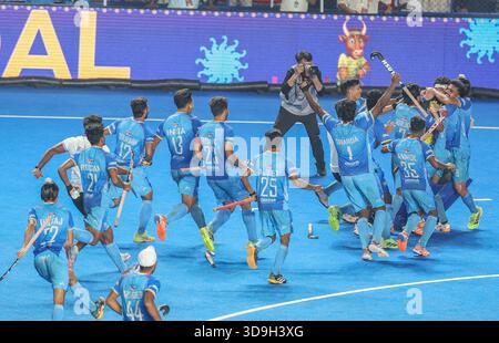 Chennai, Indien. Dezember 2025. FIH Hockey Männer Junioren-Weltmeisterschaft Tamil Nadu 5. Dezember 2025 INDIEN gegen BELGIEN Indien besiegte Belgien 4-3 im Schießstand nach einem Unentschieden in der Reglementierungszeit 2-2 im Spiel der FIH Junioren-Weltmeisterschaft im Radhakrishnan-Stadion in Chennai. Quelle: Seshadri SUKUMAR/Alamy Live News Stockfoto