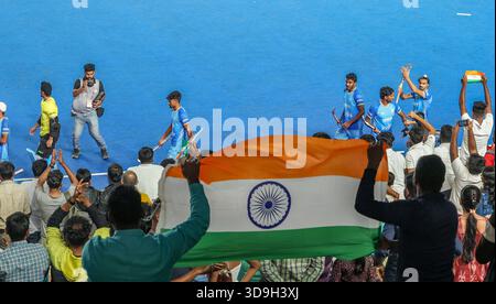 Chennai, Indien. Dezember 2025. FIH Hockey Männer Junioren-Weltmeisterschaft Tamil Nadu 5. Dezember 2025 INDIEN gegen BELGIEN Indien besiegte Belgien 4-3 im Schießstand nach einem Unentschieden in der Reglementierungszeit 2-2 im Spiel der FIH Junioren-Weltmeisterschaft im Radhakrishnan-Stadion in Chennai. Quelle: Seshadri SUKUMAR/Alamy Live News Stockfoto