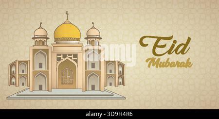 Elegante Eid Mubarak-Grußkarte mit goldener Moschee und islamischem geometrischem Muster. Perfekt für Ramadan, Eid al-Fitr und Eid al-Adha Feiern Stock Vektor