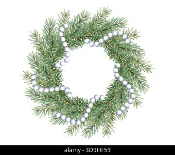 Weihnachtskranz aus grünen Tannenzweigen mit Perlperlenverzierung. weihnachtskapsel für Neujahr. Dekoelement aus Fichtenholz für das neue Jahr Stockfoto