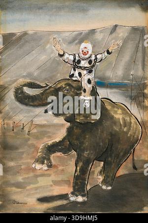 Fugi Nakamizo - Clown Elephants - 1940 - das Bild zeigt eine Zirkusszene, in der ein großer Elefant und ein Clown gemeinsam auftreten. Ein Elefant ist die zentrale Figur, dargestellt mit einem angehobenen Vorderbein. Ein Clown in einem weißen, schwarz gepunkteten Kostüm steht auf dem Kopf des Elefanten, die Arme sind in einer Aufführungs-Geste hochgehoben. Der Hintergrund deutet auf eine Zirkusarena oder einen Zeltbereich hin. Stockfoto