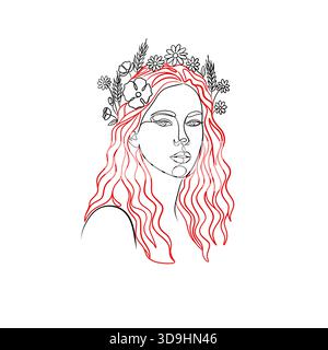 Minimalistische, einzeilige Illustration einer Frau mit einer Blumenkrone, moderne, durchgehende Liniengrafik mit eleganten botanischen Details. Stockfoto