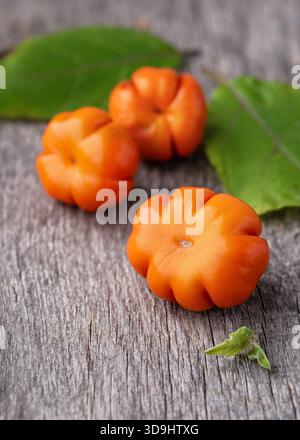 Bio-Früchte (Solanum aethiopicum) mit ihrer geformten, kürbisartigen Form ruhen auf abgenutztem Holz und betonen lebhafte Orangetöne. Stockfoto
