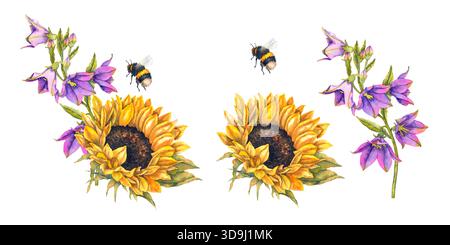 Aquarellillustration mit gelber Sonnenblume, lila Glockenblumen und einer fliegenden Biene in realistischem rustikalem Stil. Illustration für Verpackungen Öko-Etiketten Honigprodukte Textilien und Sommerdekor. Stockfoto