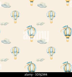 Nahtloses Muster mit Heißluftballons. Aquarellillustration mit Heißluftballons. Aquarell handgezeichnete Illustration in beigefarbenem Hintergrund für Stockfoto
