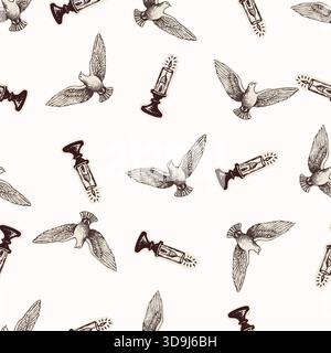 Christliche heilige Taube Hand gezeichnet nahtlose Vektormuster. Religiöses Wohndekor Hintergrund für sonntagsschule Bibelstudium Motiv. Reflexionskerze Stock Vektor