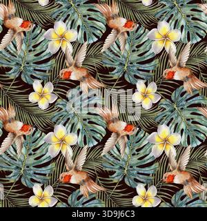 Nahtloses Aquarellmuster mit Kolibris, Plumeria-Blumen, Monstera und Palmblättern. Illustration für Textil-, Tapeten- und Sommermotive. Stockfoto