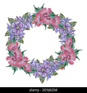 Blumenkranz in Aquarellfarben mit rot-rosa Hibiskus und violetten Clematis-Blüten mit grünen Blättern. Ideal für Verpackungen, Hochzeitspapiere, Einladungen, Poster und Grußkarten. Stockfoto