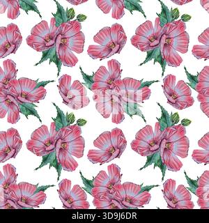 Nahtloses Muster mit rosa Hibiskusblüten und grünen Blättern auf weißem Hintergrund, in einem botanischen realistischen Stil. Geeignet für Stoff-, Tapeten-, Kosmetik-, Spa- und Sommerprodukte. Stockfoto