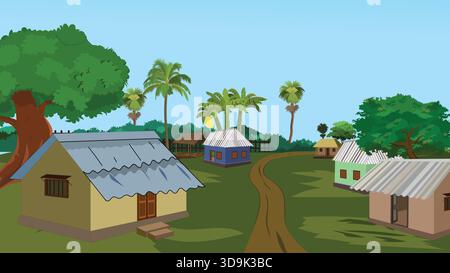 Indian Village House Landscape Illustration Stock Vektor
