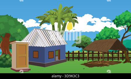Indian Village House Landscape Illustration Stock Vektor