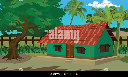Indian Village House Landscape Illustration Stock Vektor