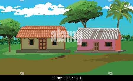 Indian Village House Landscape Illustration Stock Vektor
