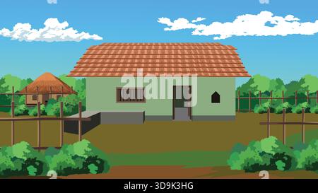 Indian Village House Landscape Illustration Stock Vektor