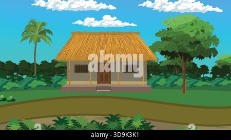 Indian Village House Landscape Illustration Stock Vektor