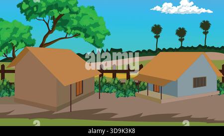 Indian Village House Landscape Illustration Stock Vektor