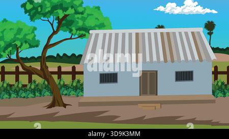 Indian Village House Landscape Illustration Stock Vektor