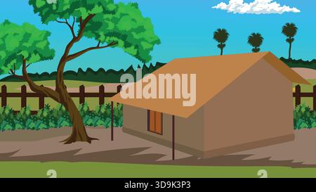 Indian Village House Landscape Illustration Stock Vektor